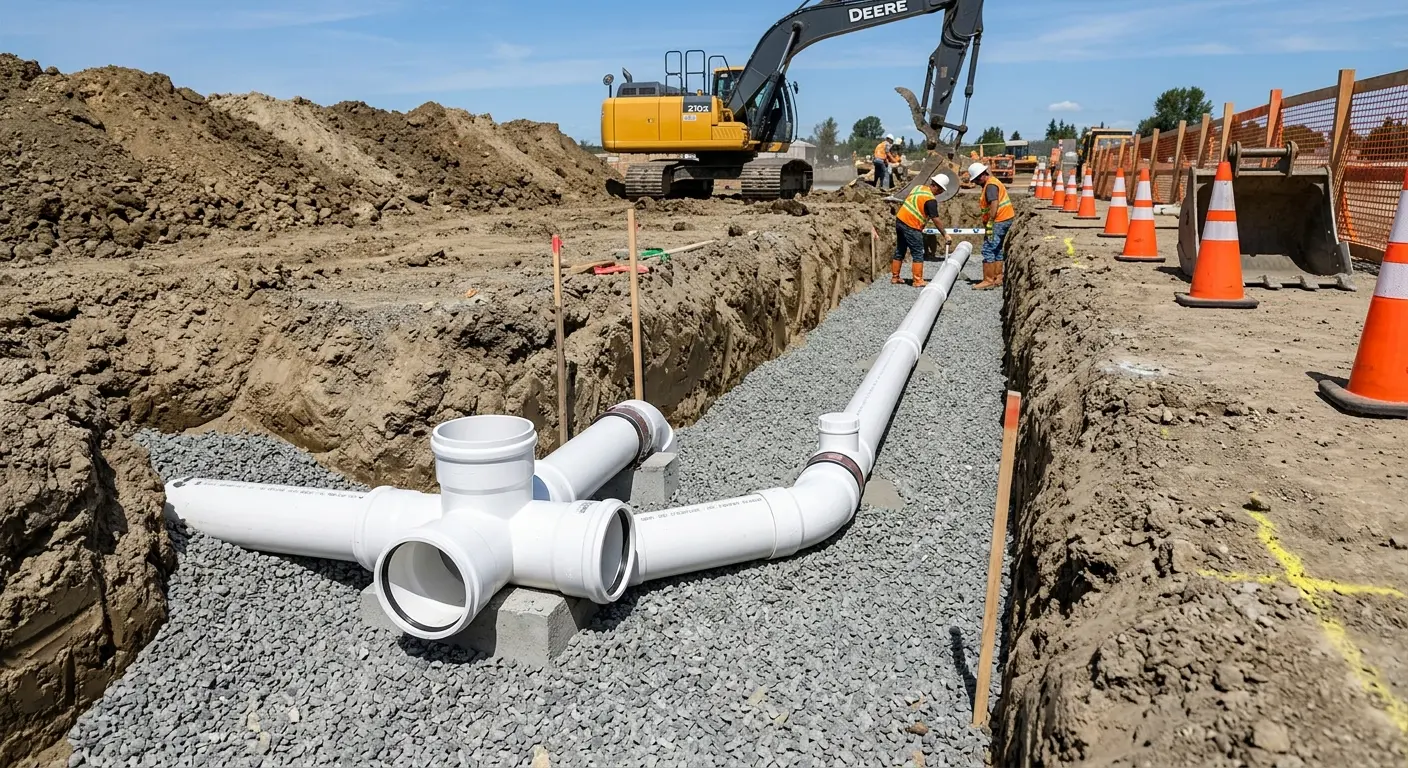 New PVC sewer pipe installation in open trench for Grease Trap Cleaning in Wabash