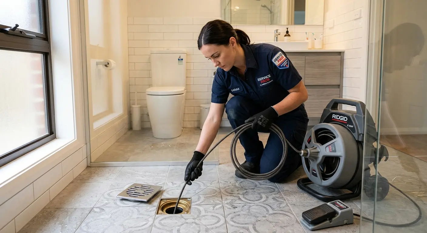 Technician clearing a bathroom floor drain for Drain Cleaning in Wabash